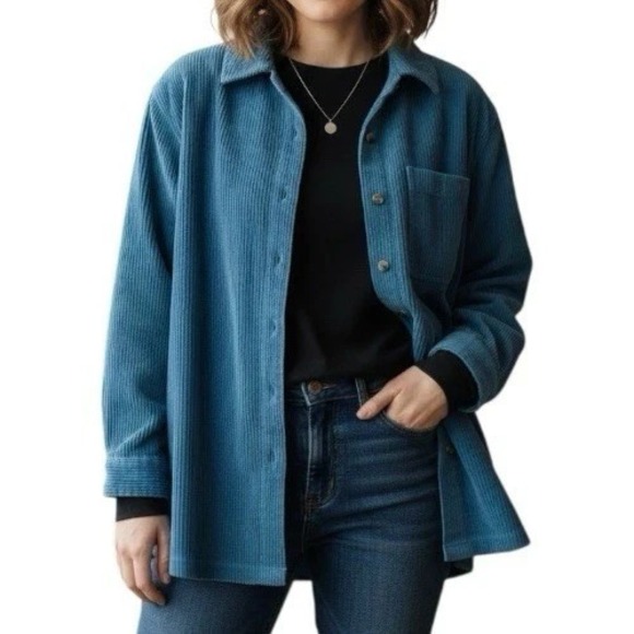 L.L. Bean Tops - L.L.Bean Corduroy Shirt Women's M Teal Blue Button Front Cotton Outdoor Vintage